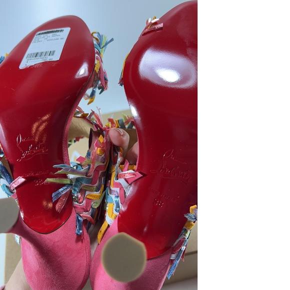 Meroine Pink Rainbow Woven 85mm raffia fringe heels mules D974 - Picture 7 of 11